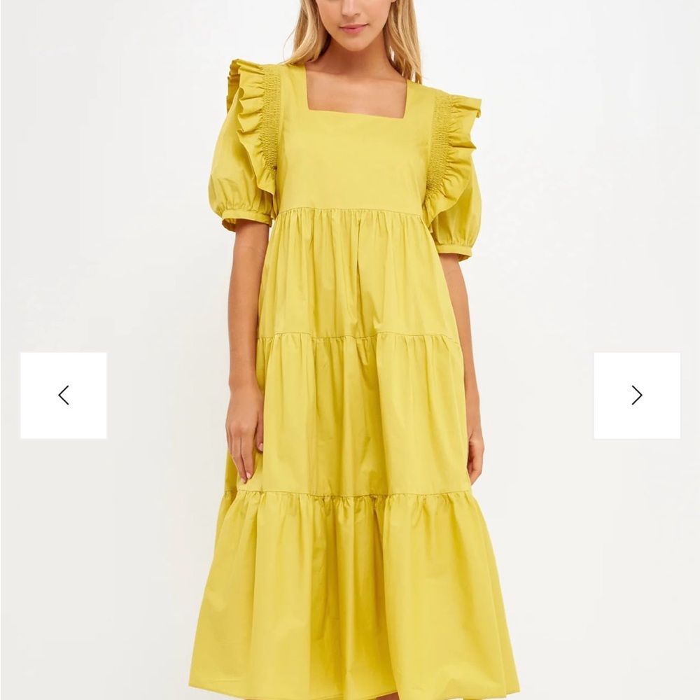 English Factory Square Neck Ruffle Smocked Detail Midi Dress